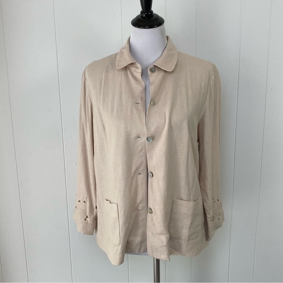 Laura Scott Linen Blend 3/4 Sleeve Chore Coat Sz 14 Beige Embroidered Cut Out - Picture 3 of 11